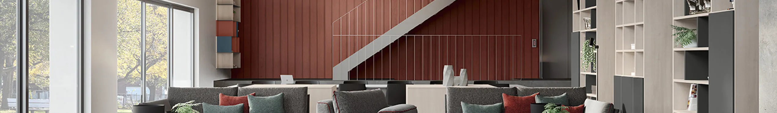 Arredamento ambiente accoglienza hotel rosso e grigio